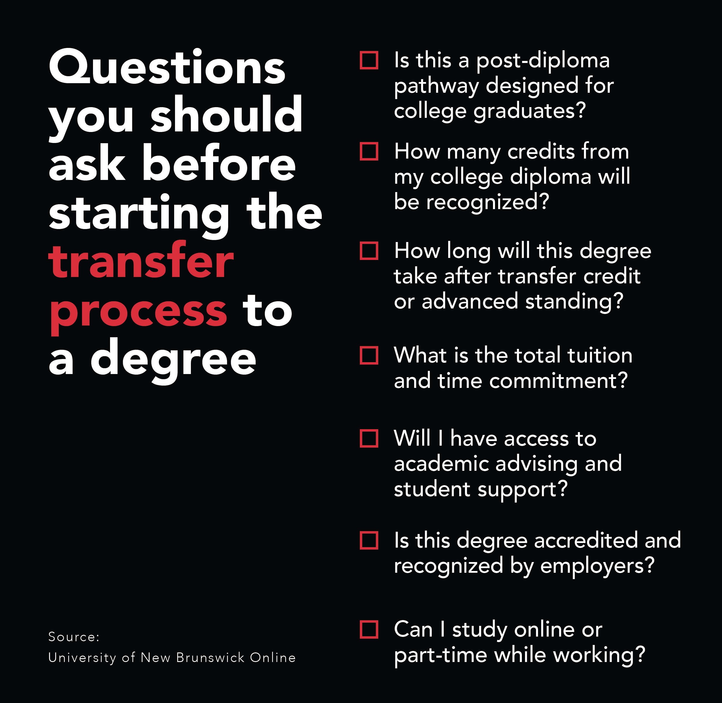 A list of seven questions to ask before starting the transfer process from a college diploma to a degree.